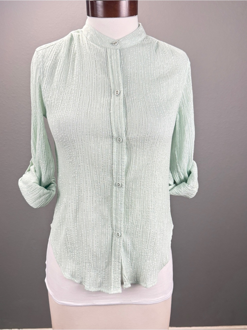 Suzie Kondi Mint Green Metallic Stripe Cotton Lurex Gauze Blouse Top Sz S